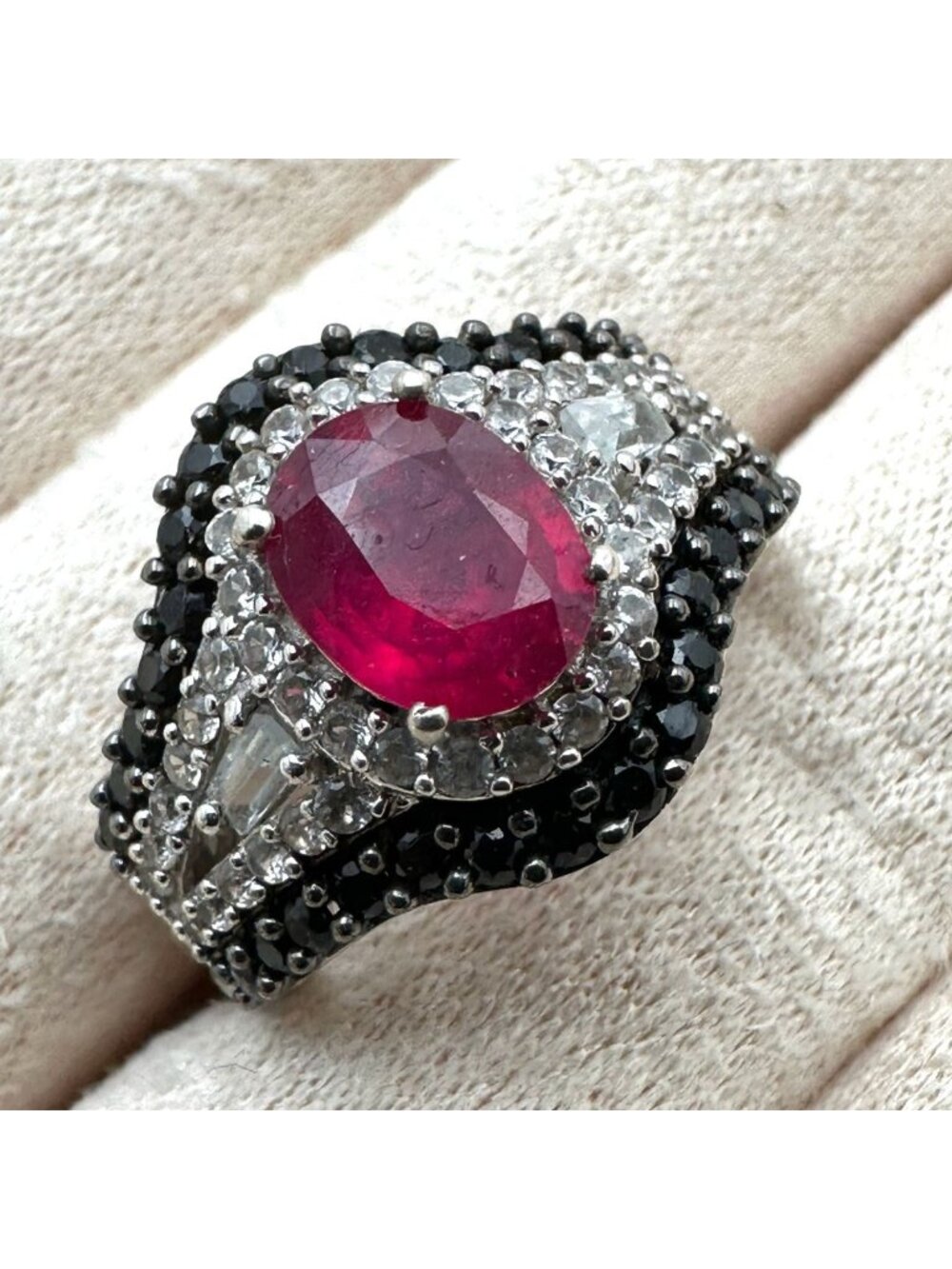 Chuck Clemency Ring Ruby Black Spinel White Topaz Size 8 Sterling Silver